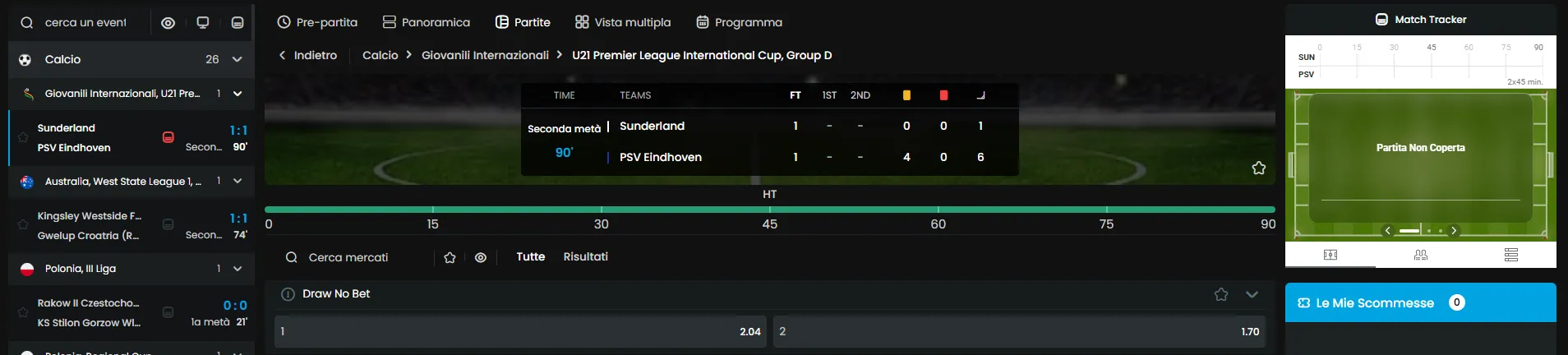 Sezione scommesse live MyStake con quote in tempo reale
